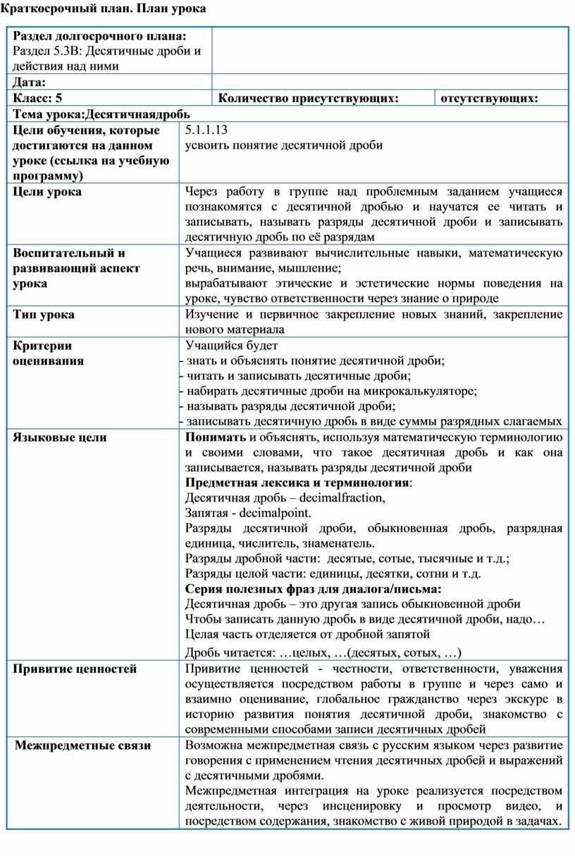 Математика 5 класс Десятичная дробь план урока