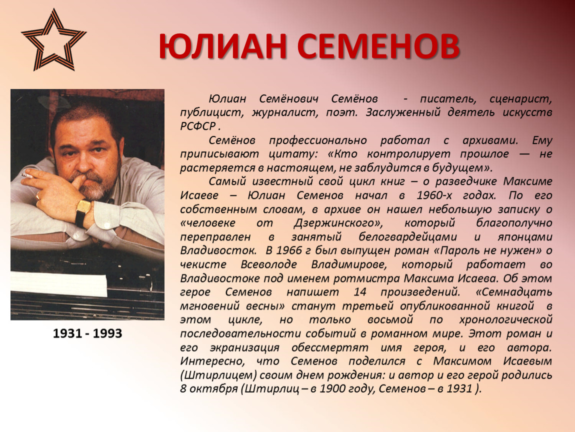 Автор сценария автор книги. Портрет Юлиана Семенова. Биография писателя Семенова.
