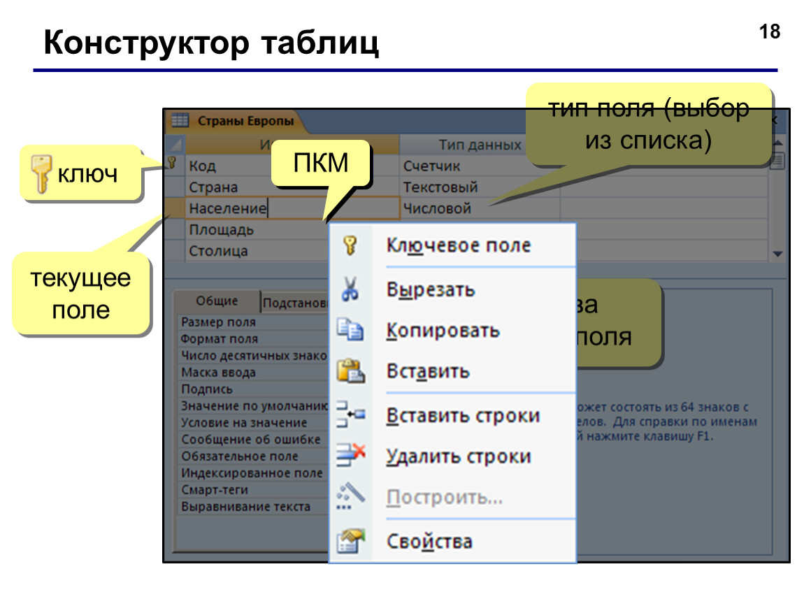 Ключевое поле восстановите схему свойств полей