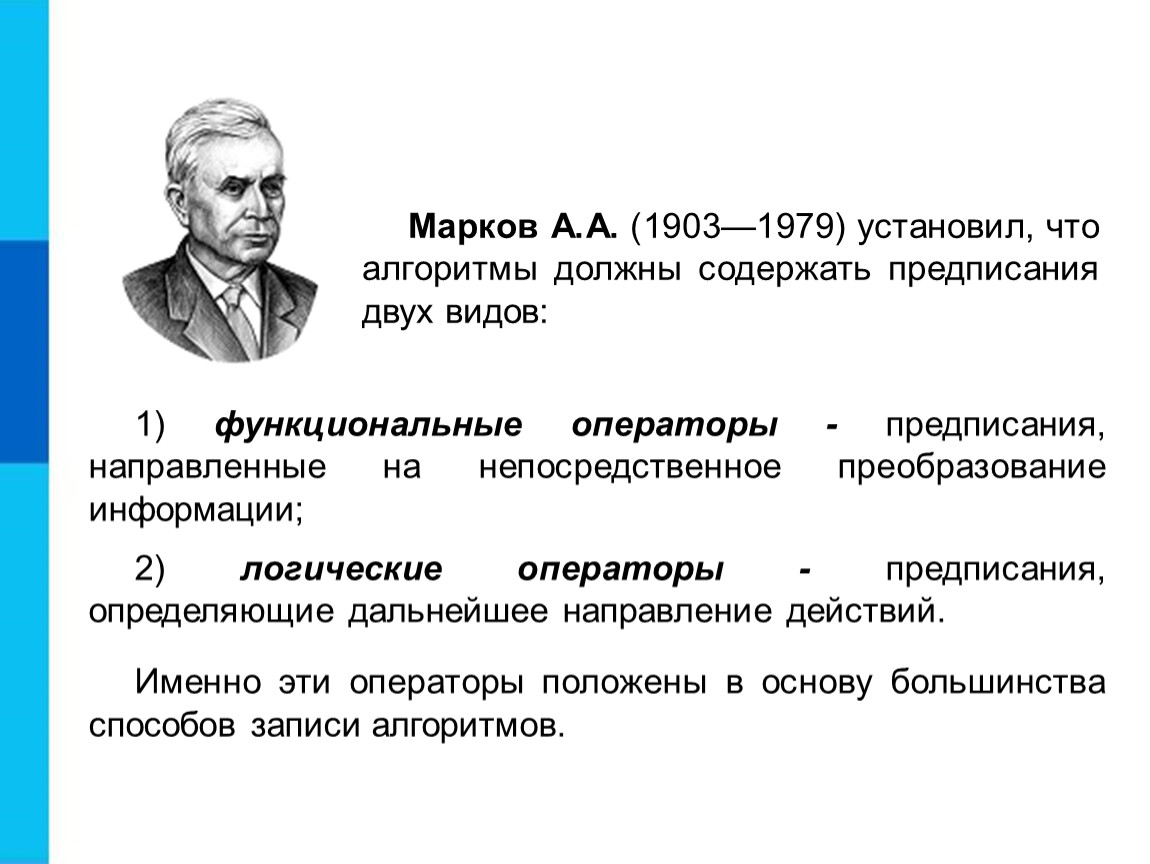 Функциональные алгоритмы обработки информации. Логические операторы предписания. Алгоритмы в общем случае содержат предписания двух видов. Алгоритмическое предписание это.