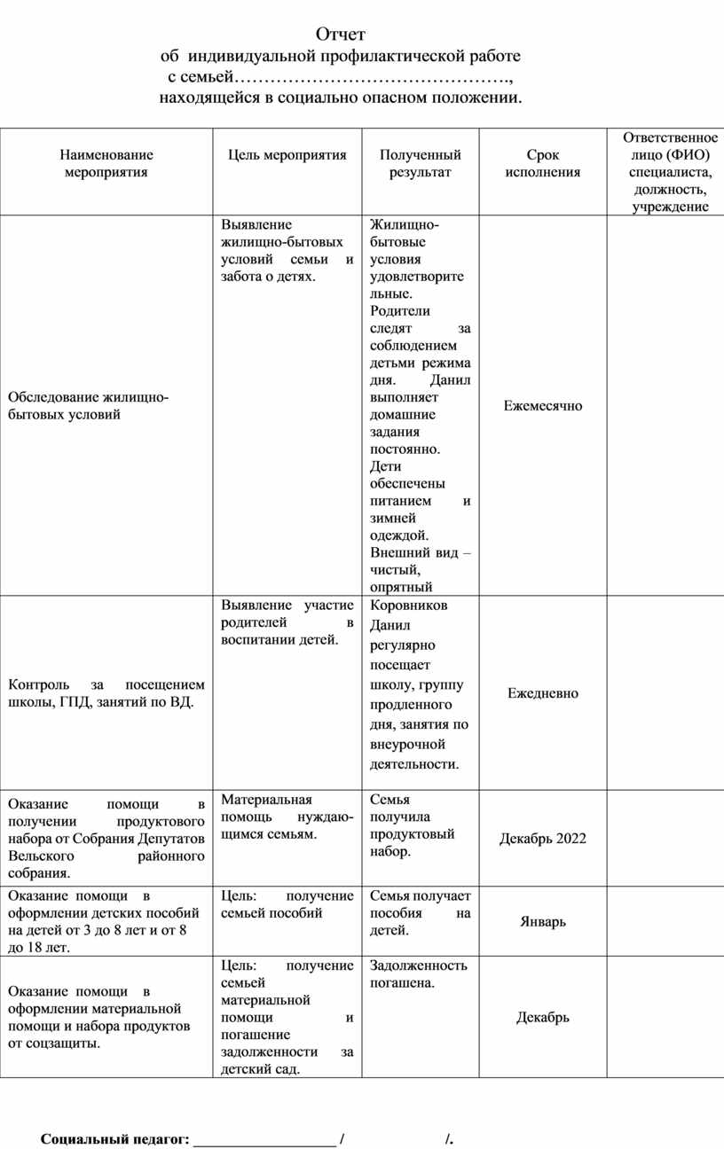 Межведомственный план работы с семьей находящейся в соп