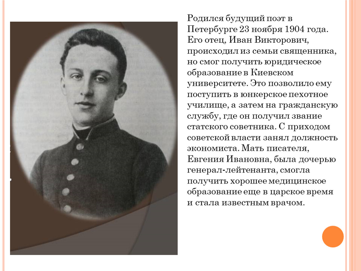 Будущим поэтам. 23.11.1904 Кто родился. Будущий поэт занимался. Введенский Александр отец его. Попов Иван Викторович и его родители.