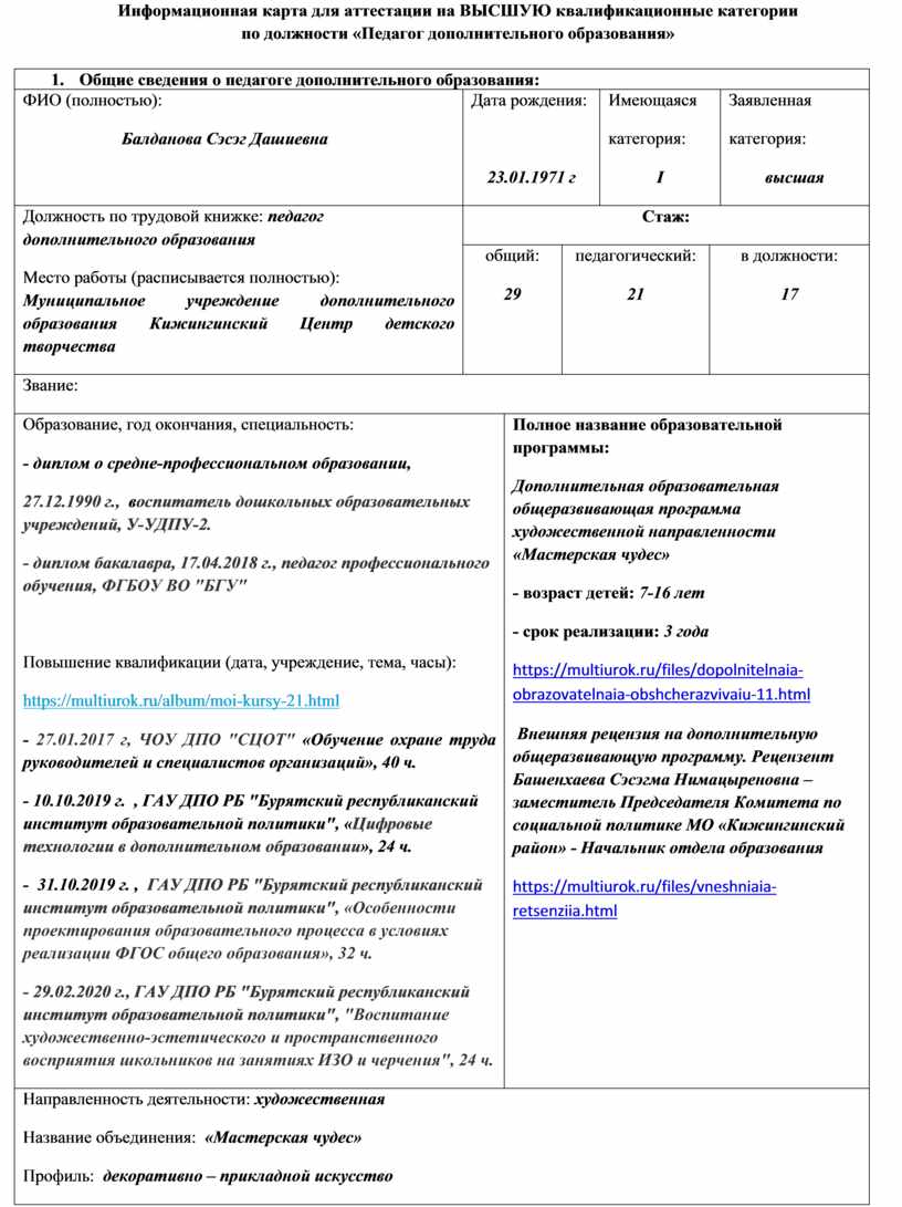 Информационная карта программы