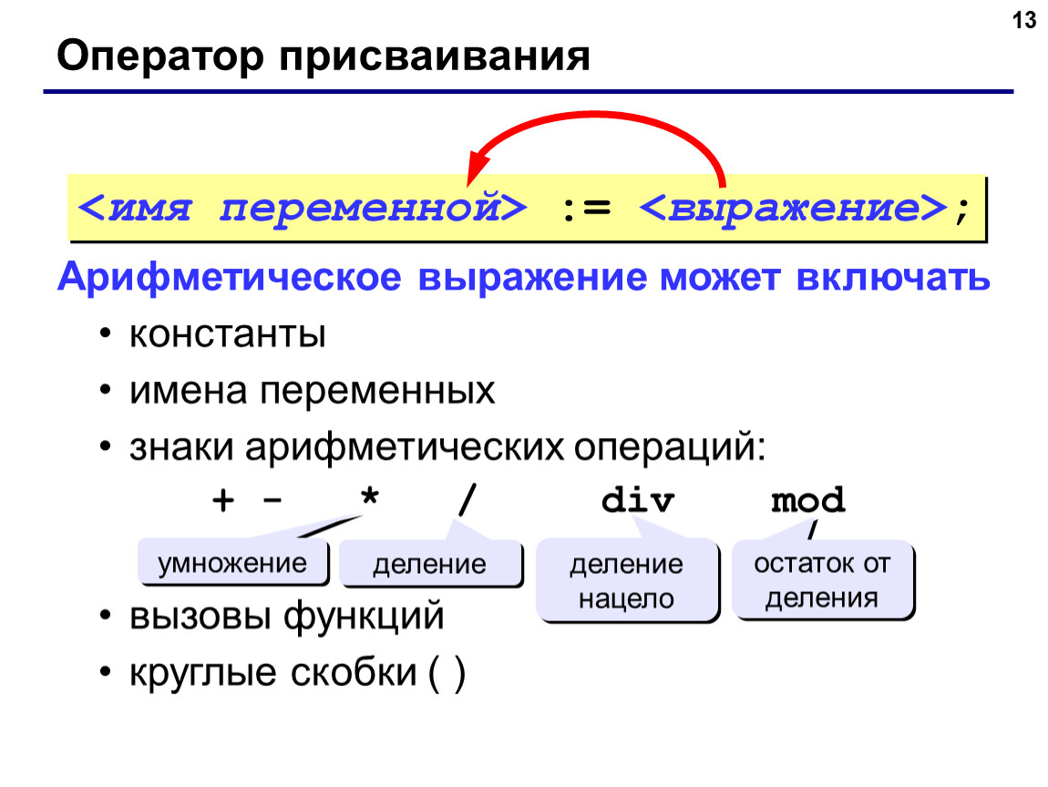 Включи фразу. Арифметический оператор присваивания. Див и мод в информатике. Операторы див и мод в Паскале. Div на языке программирования.