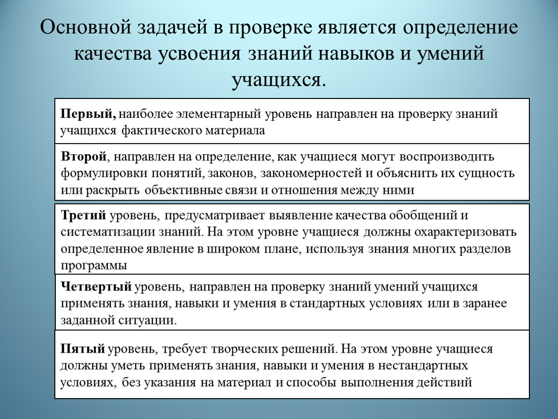 Уровень знаний умений. Усвоение знаний умений и навыков. Самостоятельная освоение знаний и умений. Определить коррекции знаний умений и навыков. Оценка уровня знаний.