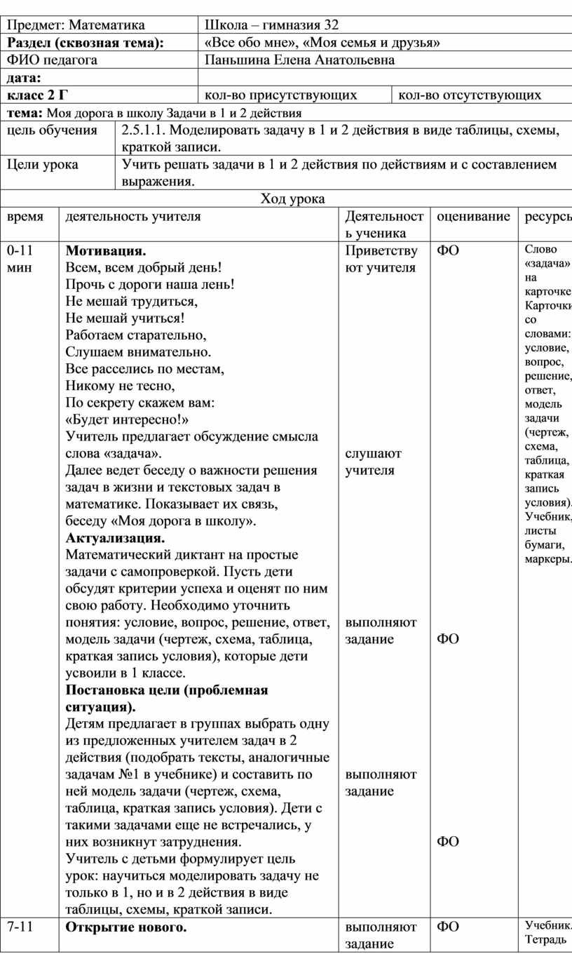 Урок математики 2 класс 