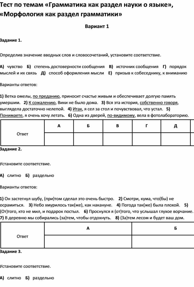 Тест по темам «Грамматика как раздел науки о языке»,8 класс