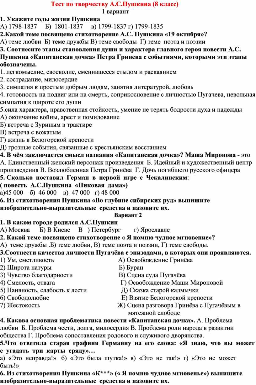 Тест по творчеству А.С.Пушкина (8 класс) 1 вариант 1
