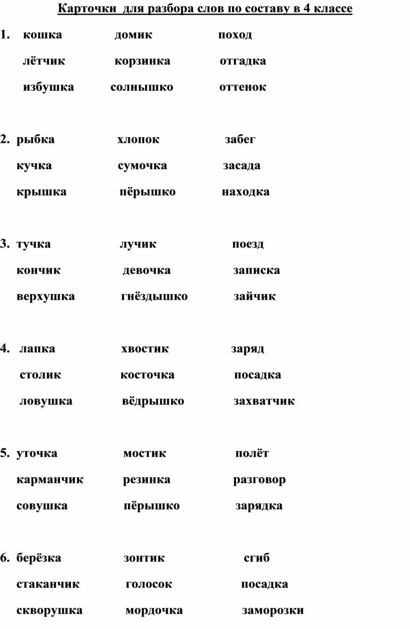 Подготовка к ВПР. Карточки для разбора слов по составу в 4 классе.