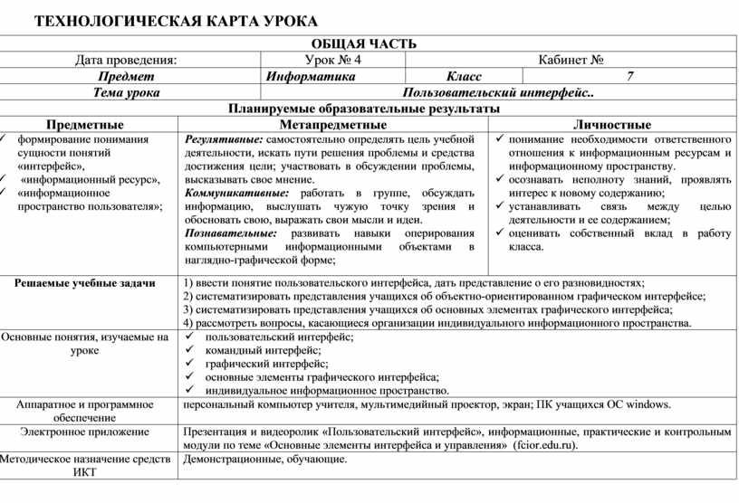 Технологическая карта урока контроля знаний и умений по фгос