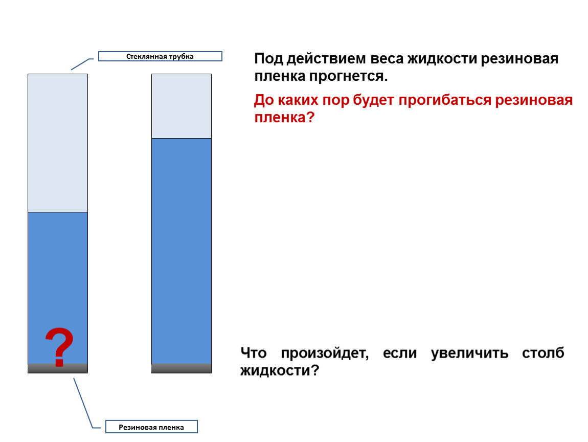 Под действием веса. До каких пор будет прогибаться резиновая пленка. Описание опыта давление жидкости газа прогибание пленки. Пленка жидкости. Под действием веса жидкости дно трубочки.