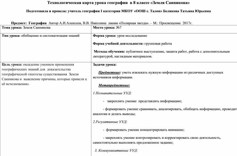 Технологическая карта урока географии