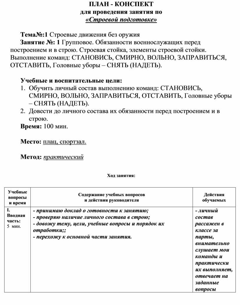 План конспект по строевой подготовке без оружия