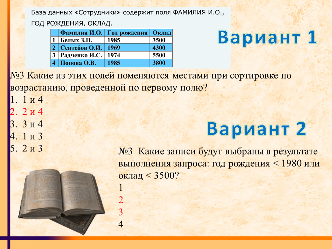 Какие года описываются. Сортировка по возрастанию фамилии. Какие из записей поменяются местами при сортировке. База данных содержит записей. Какие записи некоторой БД.