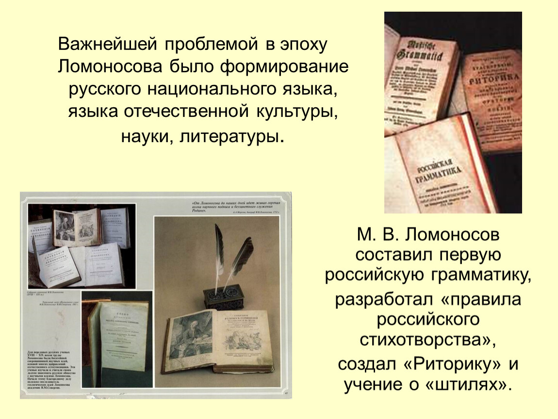 Деятельность м в ломоносова в развитии и популяризации русского литературного языка проект