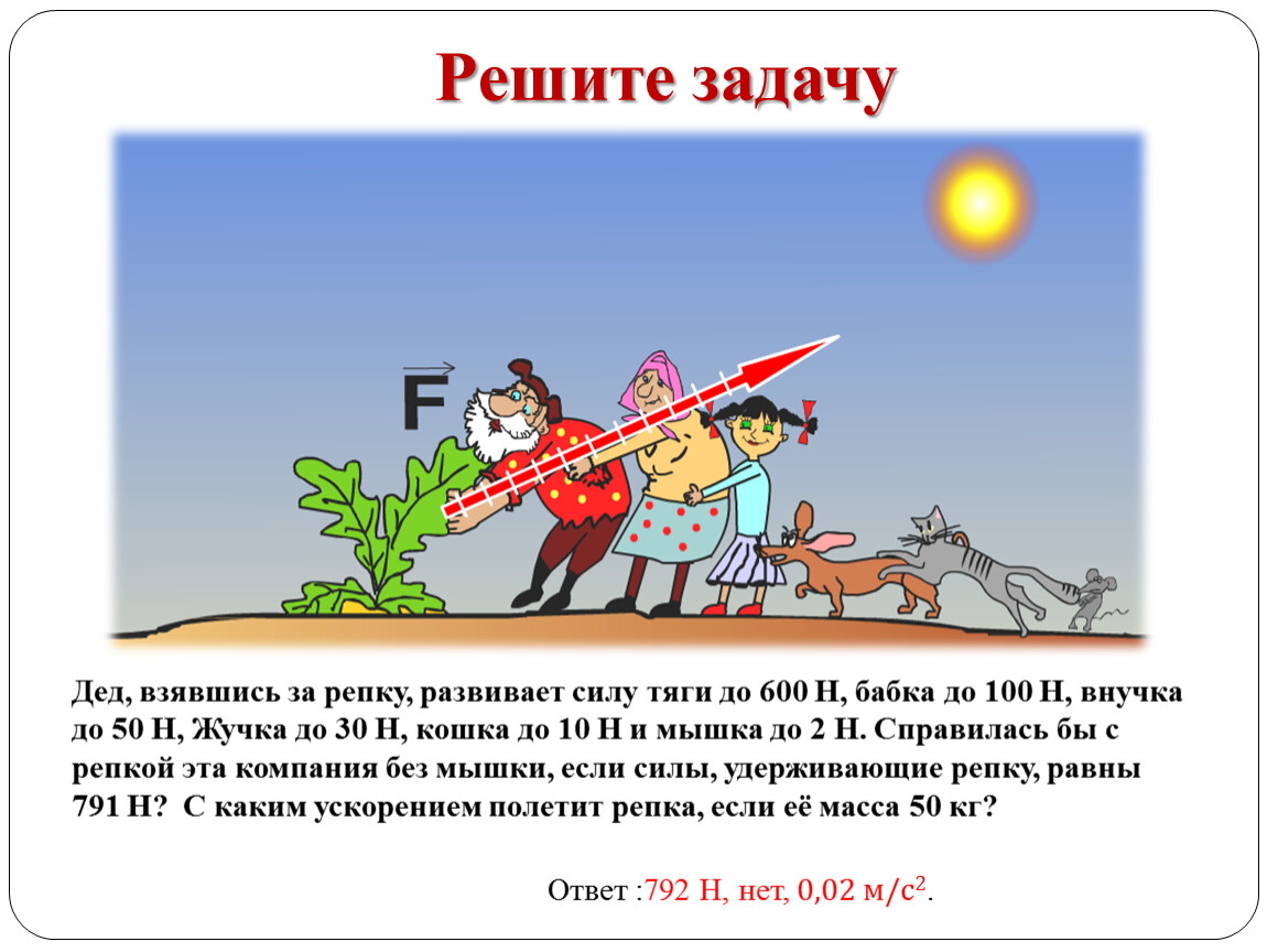 Решить силу. Дед взявшись за репку развивает силу тяги до 600 н бабка. Задачи по физике 7 класс равнодействующая сил. Сказка Репка с точки зрения физики. Примеры решения задач на равнодействующую силу.