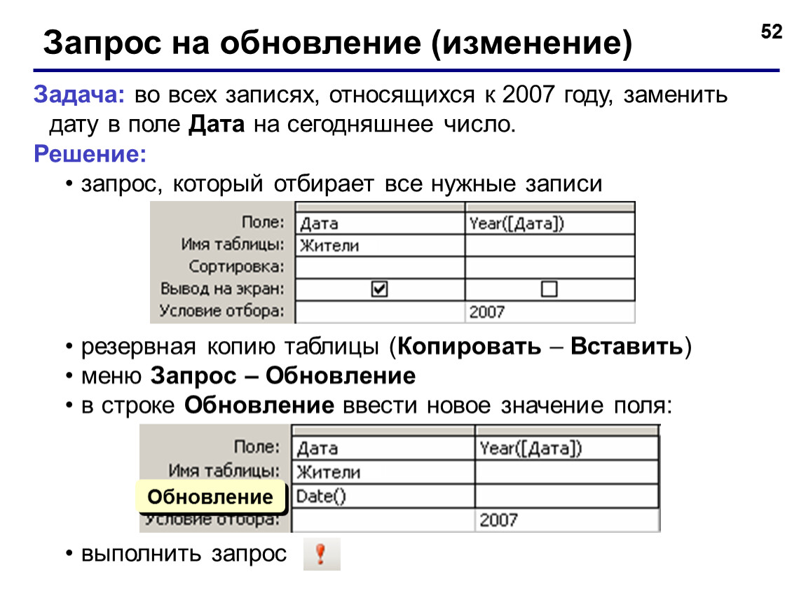 Записать относиться. Запрос на обновление. Запрос на обновление в access. Запрос на изменение в БД. Запрос с внесением изменений в БД.