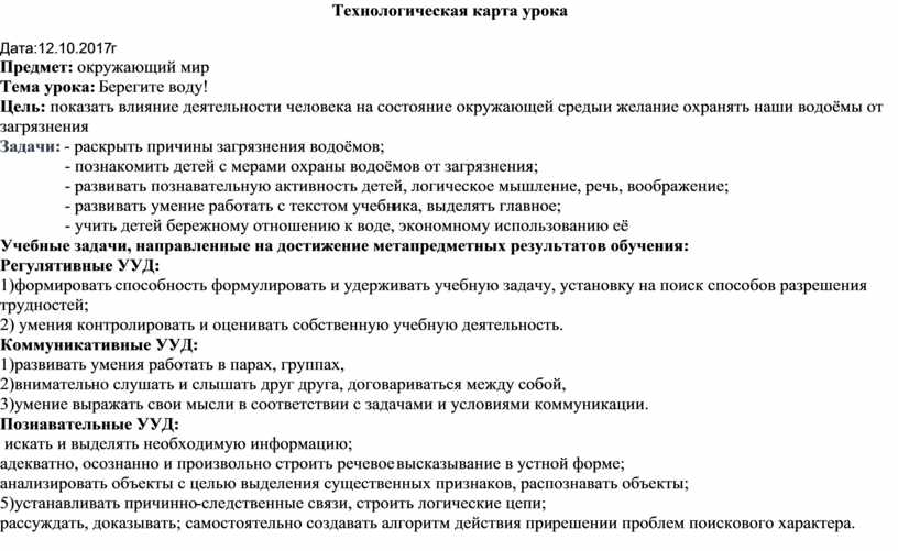 Технологическая карта урока по ООМ " Берегите воду!" 3 класс. Автор ...