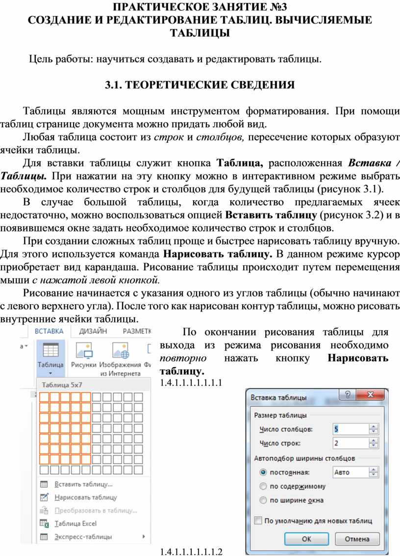 ПРАКТИЧЕСКОЕ ЗАНЯТИЕ №3 СОЗДАНИЕ И РЕДАКТИРОВАНИЕ ТАБЛИЦ. ВЫЧИСЛЯЕМЫЕ  ТАБЛИЦЫ