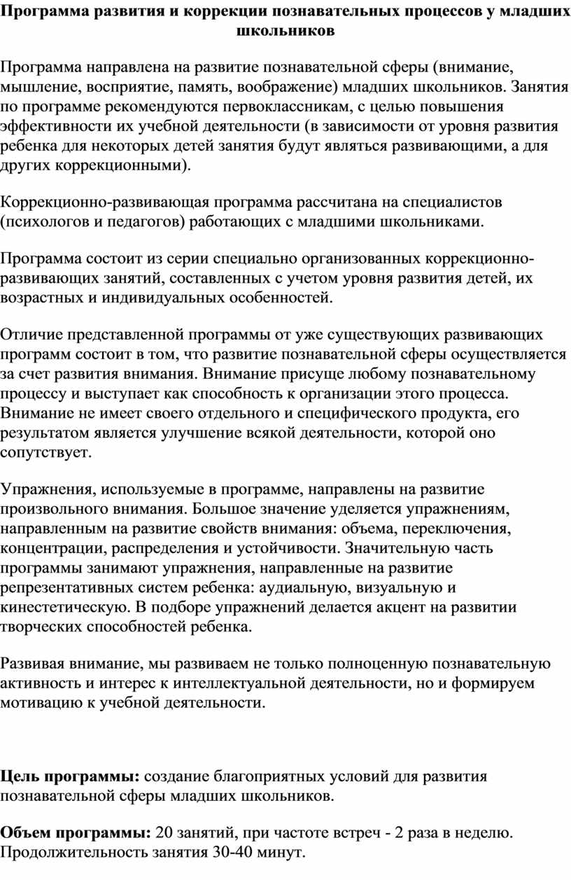 Программа по развитию познавательных процессов у младших школьников