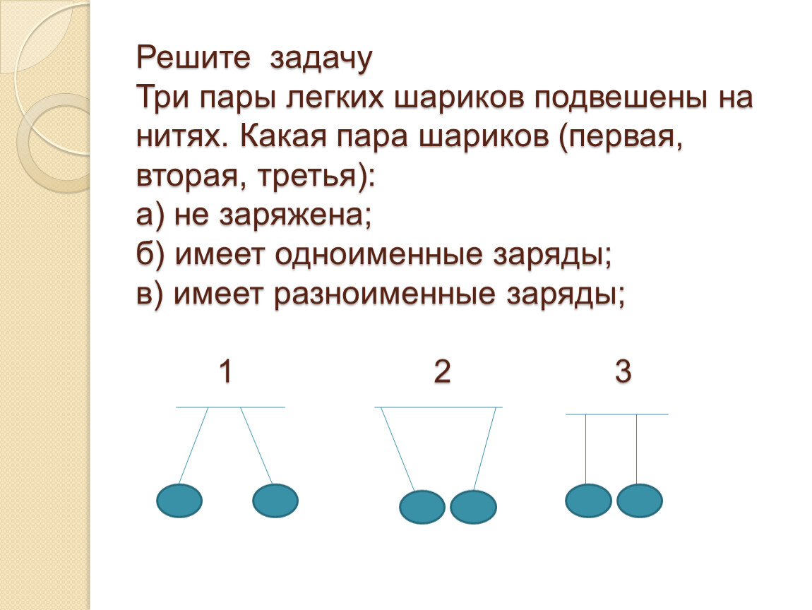 Какой пар легкий. Три пары легких шариков подвешены на нитях. Какая пара шариков имеет одноименные заряды.