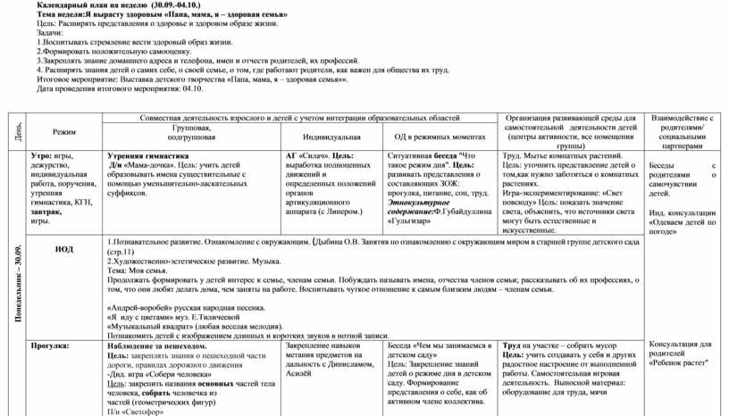 План моя семья старшая группа