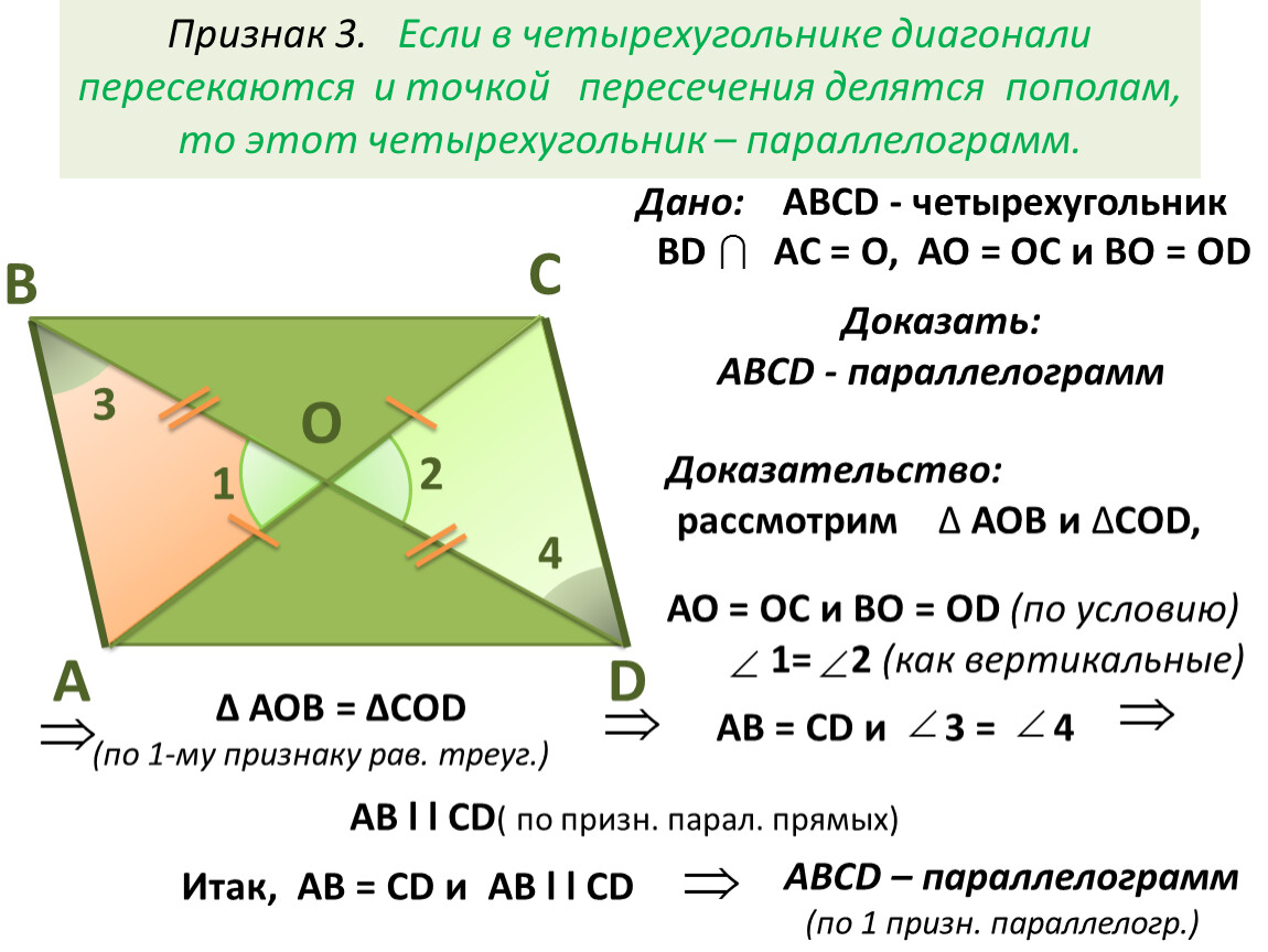 Через точку о пересечение диагоналей параллелограмма abcd. Докажите признак параллелограмма по точке пересечения диагоналей. Признак параллелограмма по диагоналям доказательство. Признак параллелограмма по точке пересечения диагоналей. Доказательство параллелограмма по точке пересечения диагоналей.