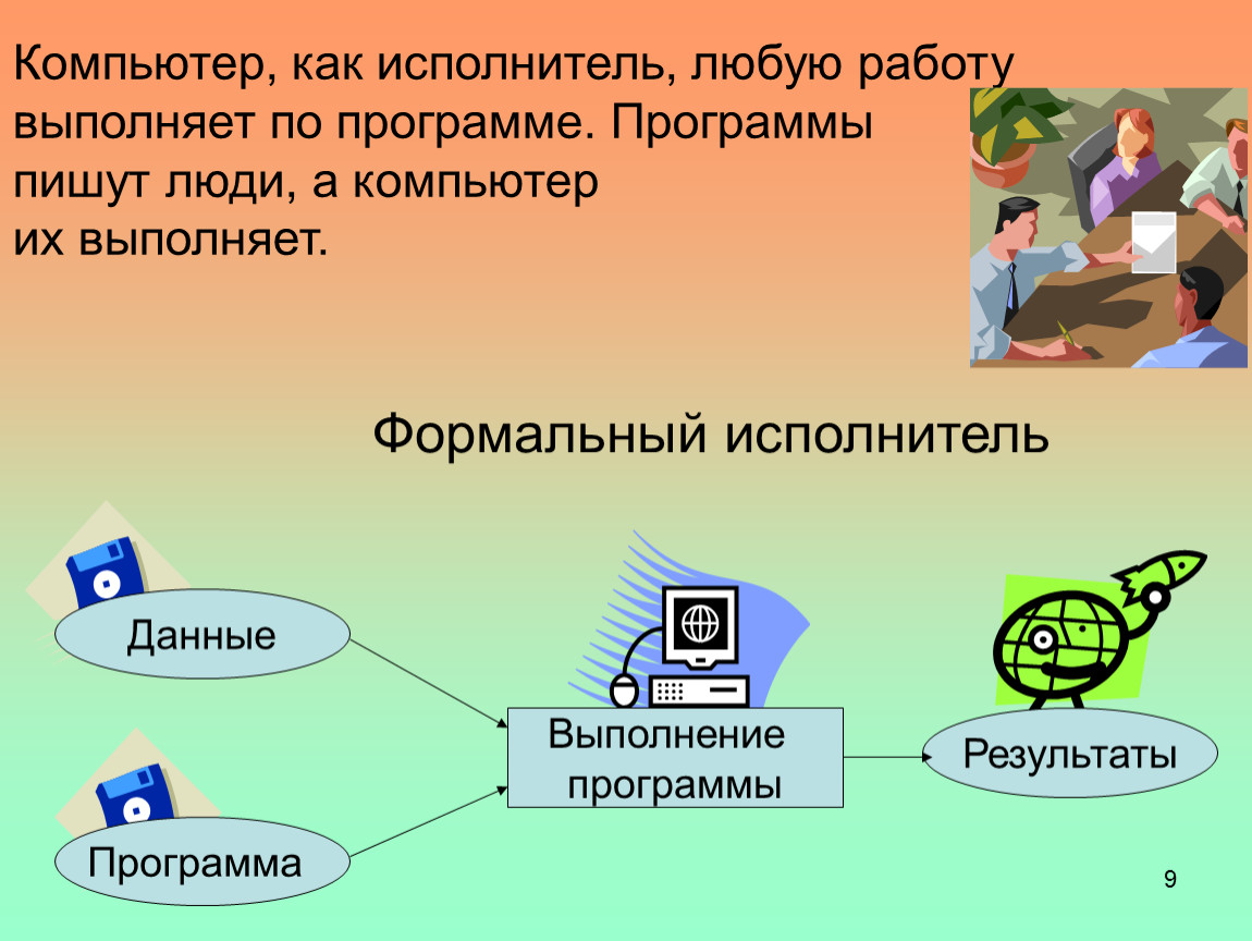 Компьютер исполнитель. Компьютер как исполнитель. Компьютер как исполнитель команд презентация. Человек компьютер формальный исполнитель. Компьютер как исполнитель программ.