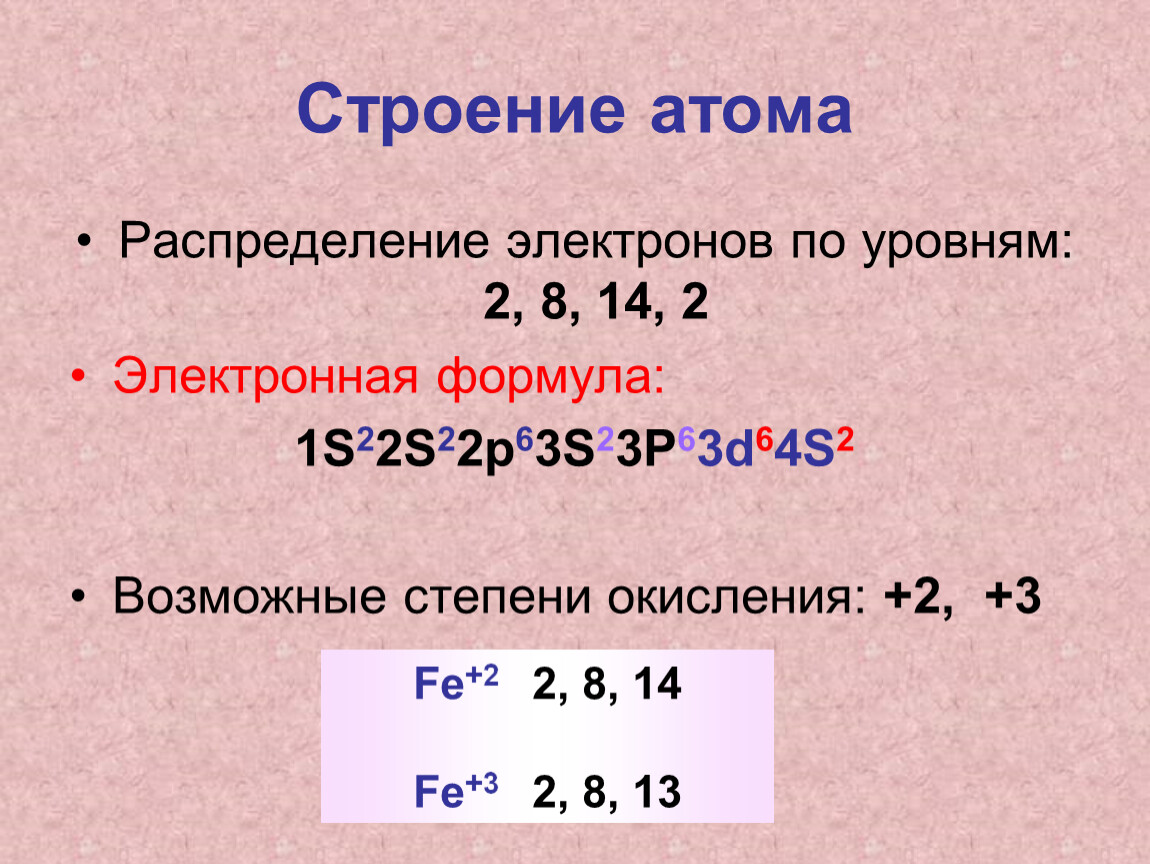 Распределение электронов по уровням. Строение атома железа степени окисления железа +2. Распределение электронов в атоме железа. Строение атома железа степени окисления +2 +3. Строение атома распределение.