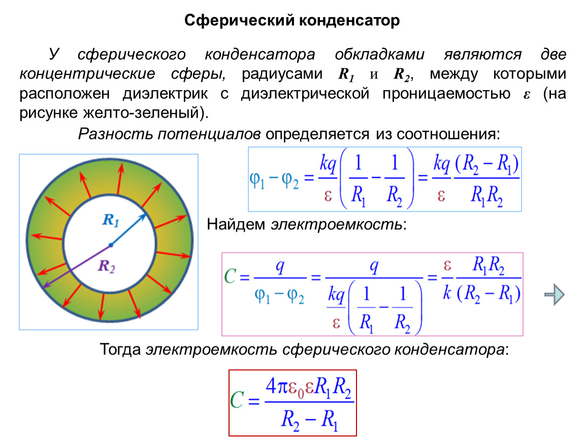 Потенциал сферы. Разность потенциалов сферического конденсатора. Напряженность сферического конденсатора формула. Разность потенциалов между обкладками сферического конденсатора. Электроемкость сферического конденсатора формула.