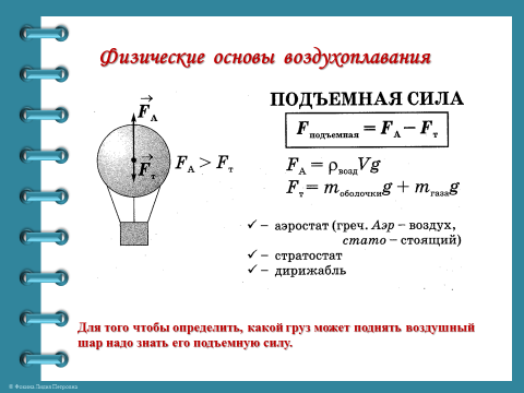 Определите подъемную силу воздушного шара объемом 40. Воздухоплавание физика 10 класс формулы. Формула подъемной силы воздухоплавания. Воздухоплавание физика 7 класс формула. Физические основы воздухоплавания.