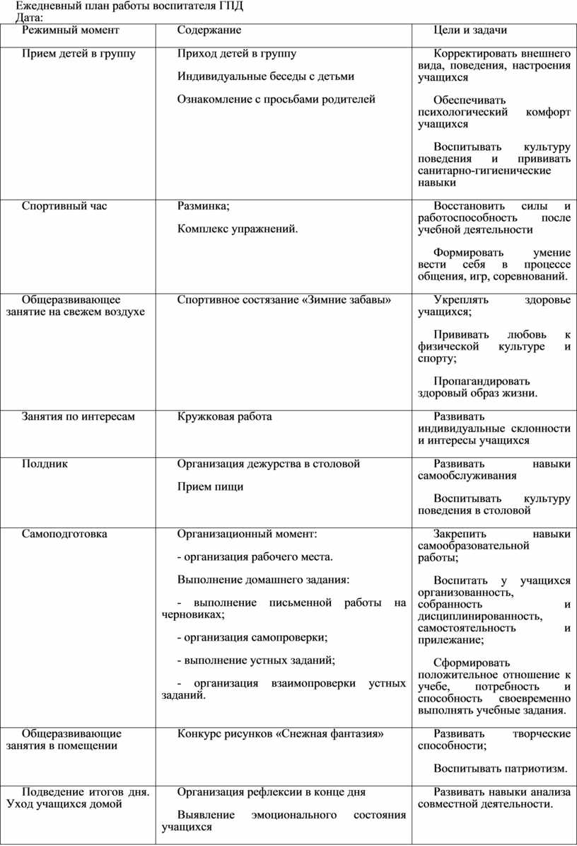 План работы воспитателя гпд 1 класс