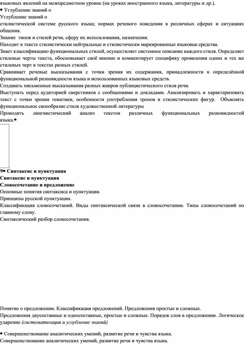 Углубление знаний о стилистической системе русского языка; нормах речевого поведения в различных сферах и ситуациях общения