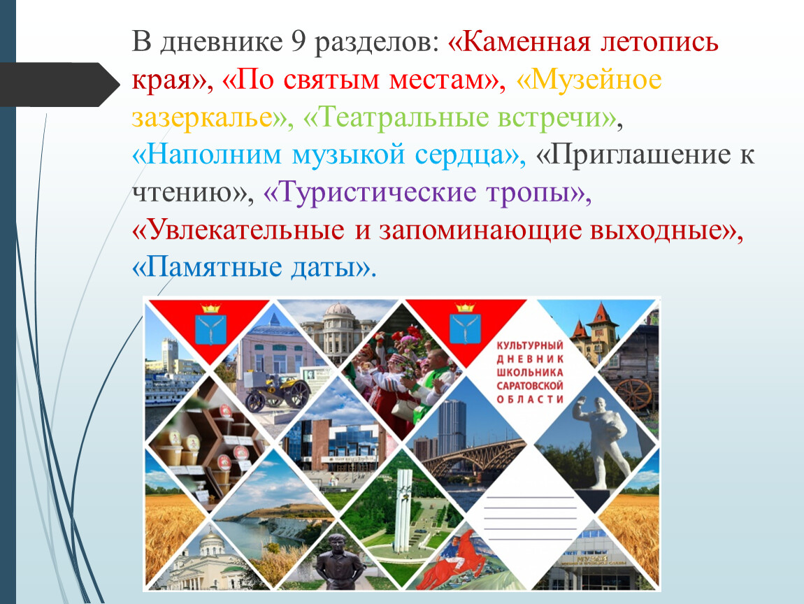 В дневнике 9 разделов: «Каменная летопись края», «По святым местам», «Музейное зазеркалье», «Театральные встречи», «Наполним музыкой сердца», «Приглашение к чтению», «Туристические тропы», «Увлекательные и запоминающие…
