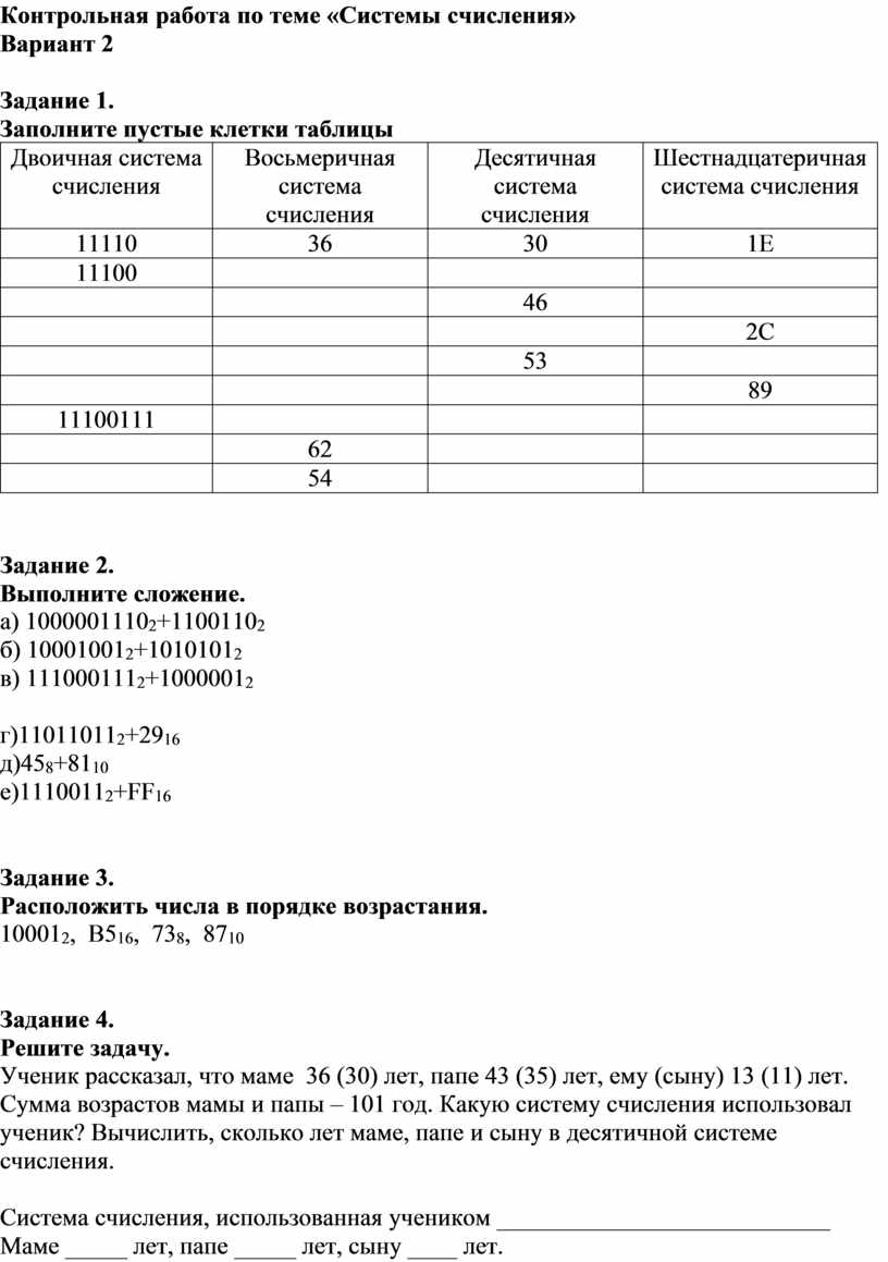 Контрольная работа: Двоичная система счисления