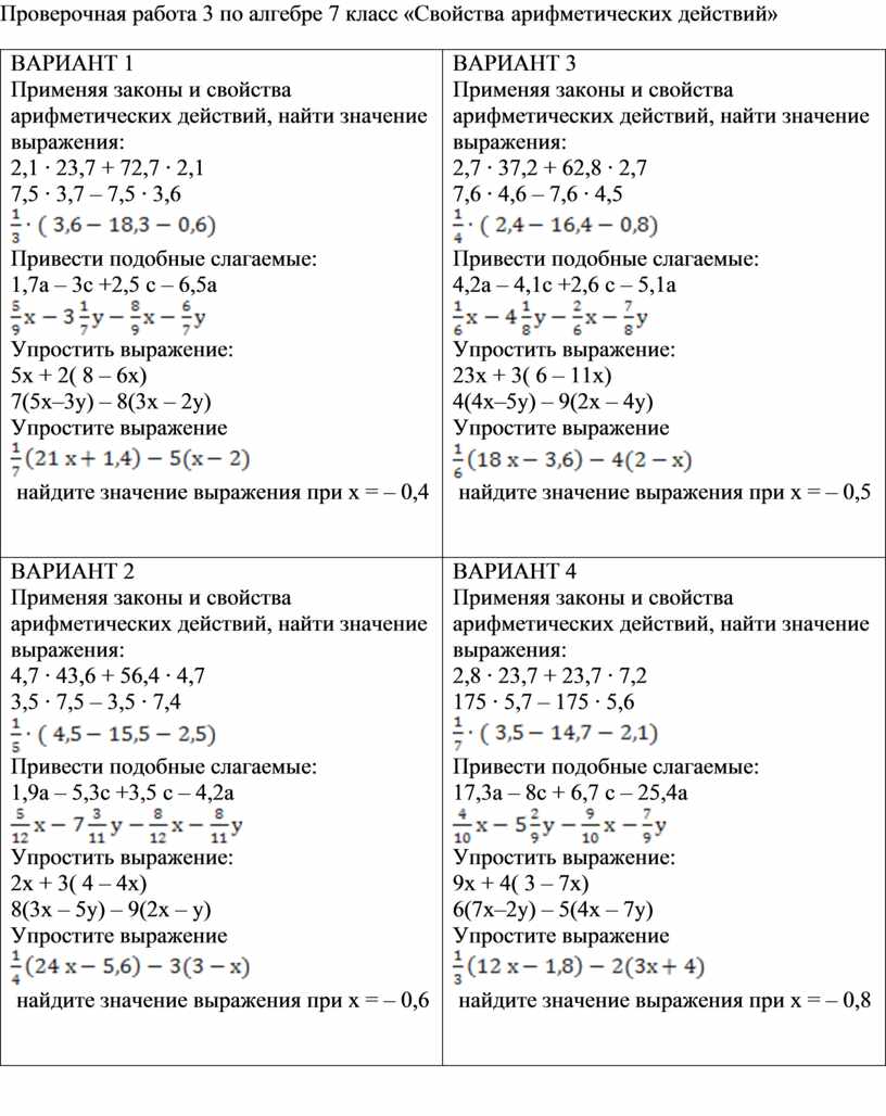 Проверочная работа 3 по алгебре 7 класс «Свойства арифметических действий»