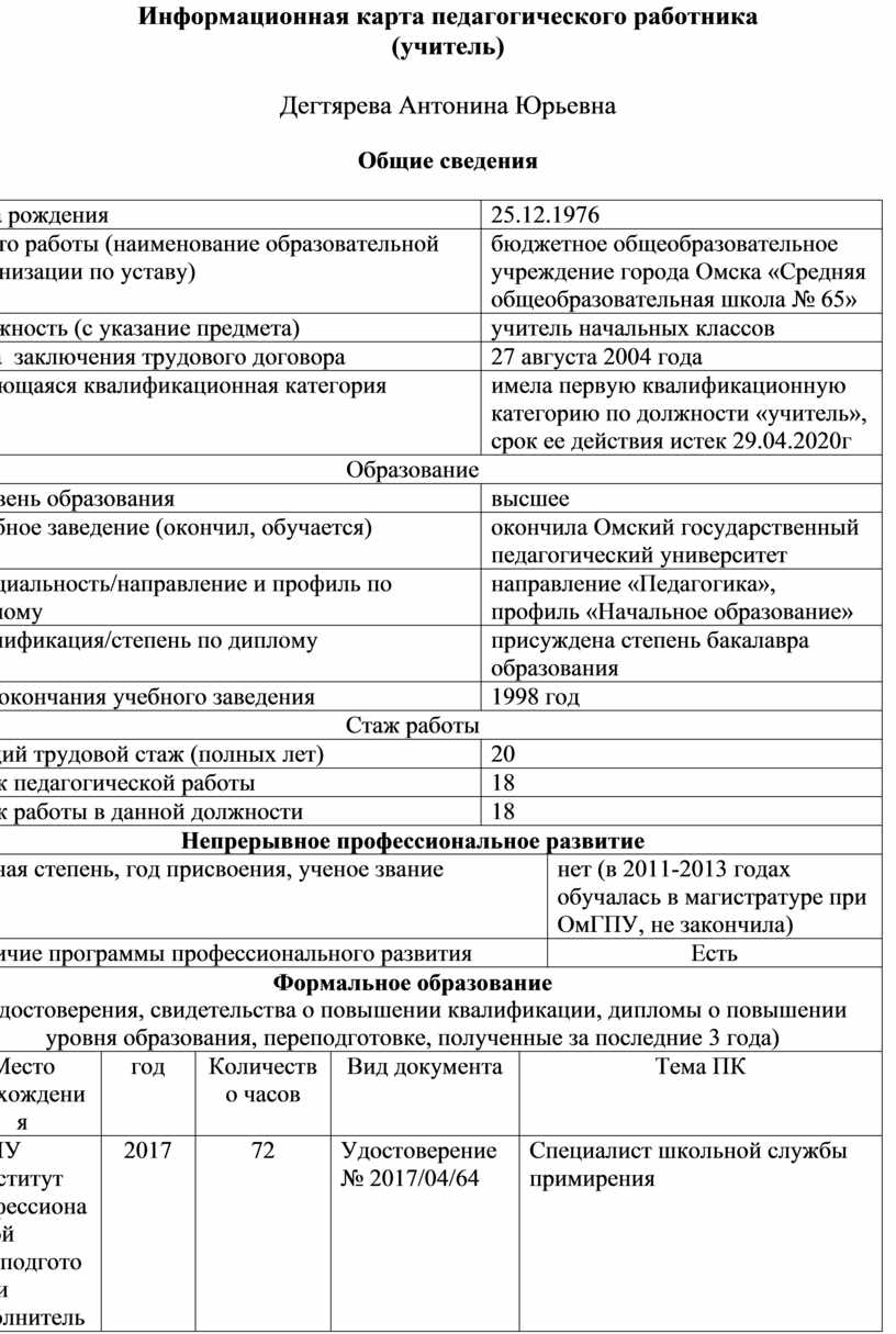 Информационная карта педагогического работника