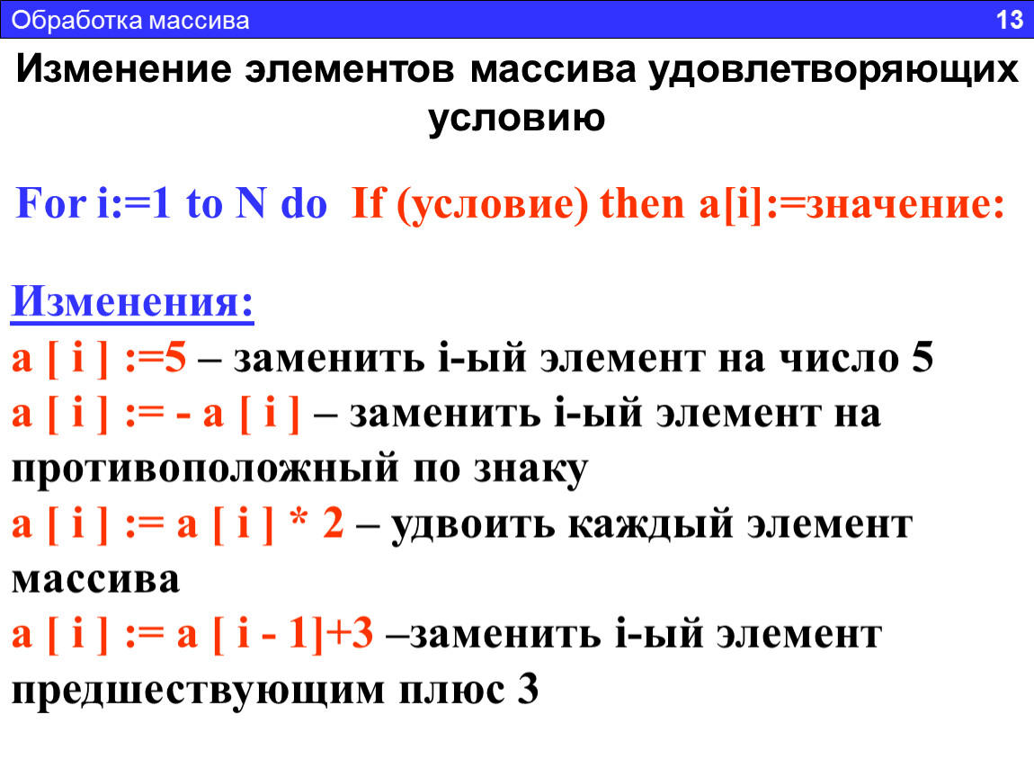 Измененный массив. Обработка элементов массива. Изменение элементов массива.. Удвоить элементы массива. Изменения элементов массива по условию.