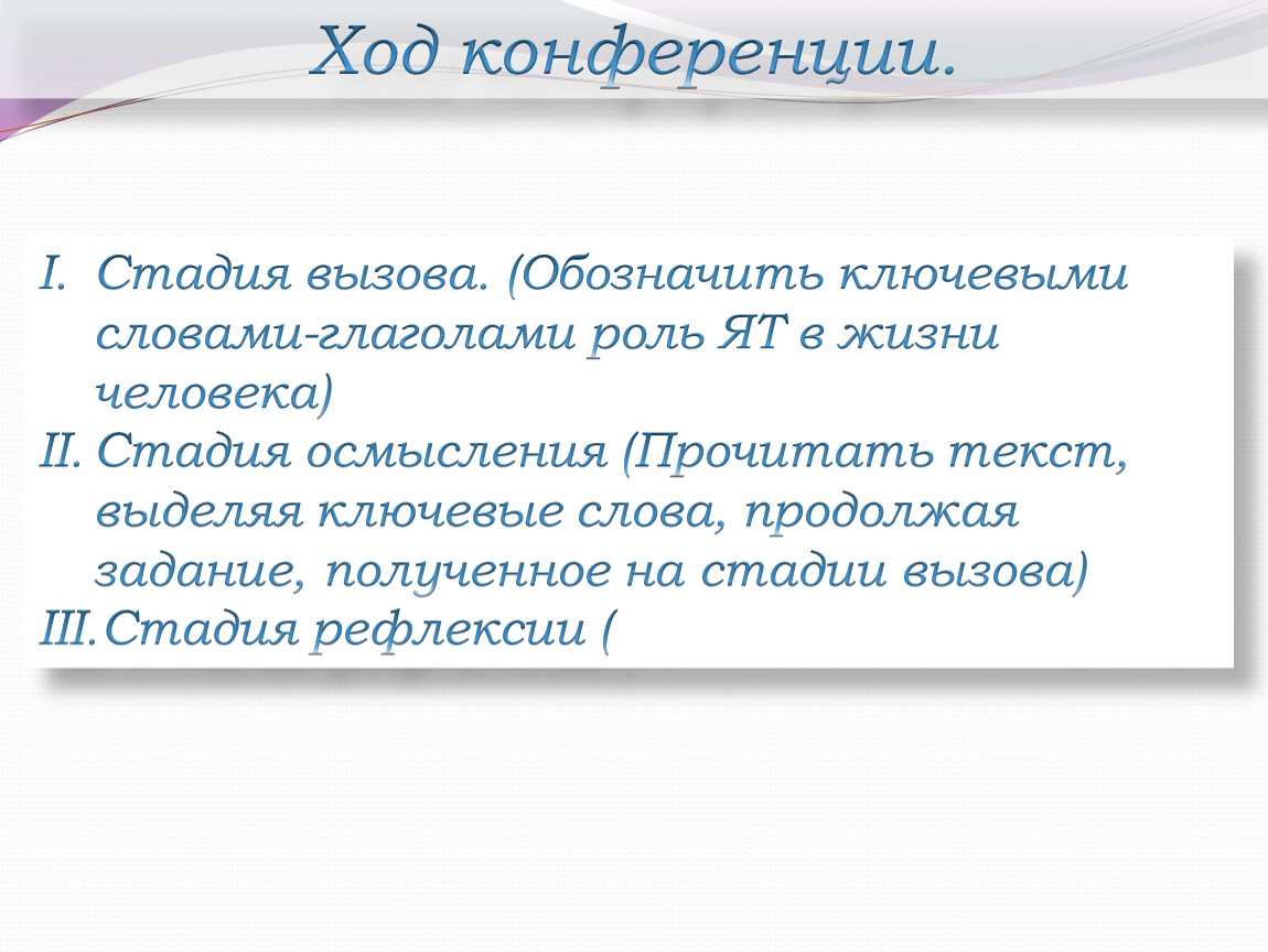 Ход технологии. Конференция слово. Конференция текст. Текст с выделенными ключевыми словами. Обозначение ключевых слов.