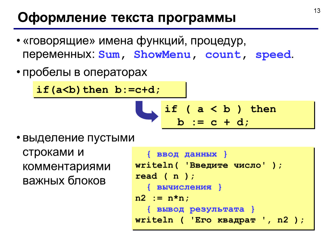 Текст программы. Правило оформления текстов программ. Оформление подпрограмм Паскаль. Оформление текста программы в приложении. Имена процедур и функций.