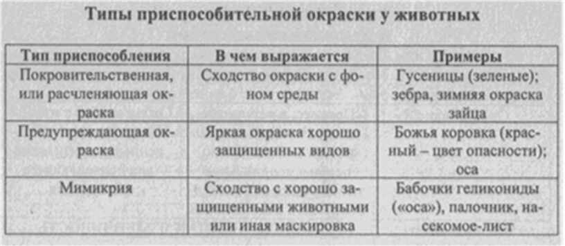 Типы окраски. Типы окраски животных таблица. Типы приспособительной окраски у животных. Типы защитных окрасок у животных таблица. Виды окраса животных биология.