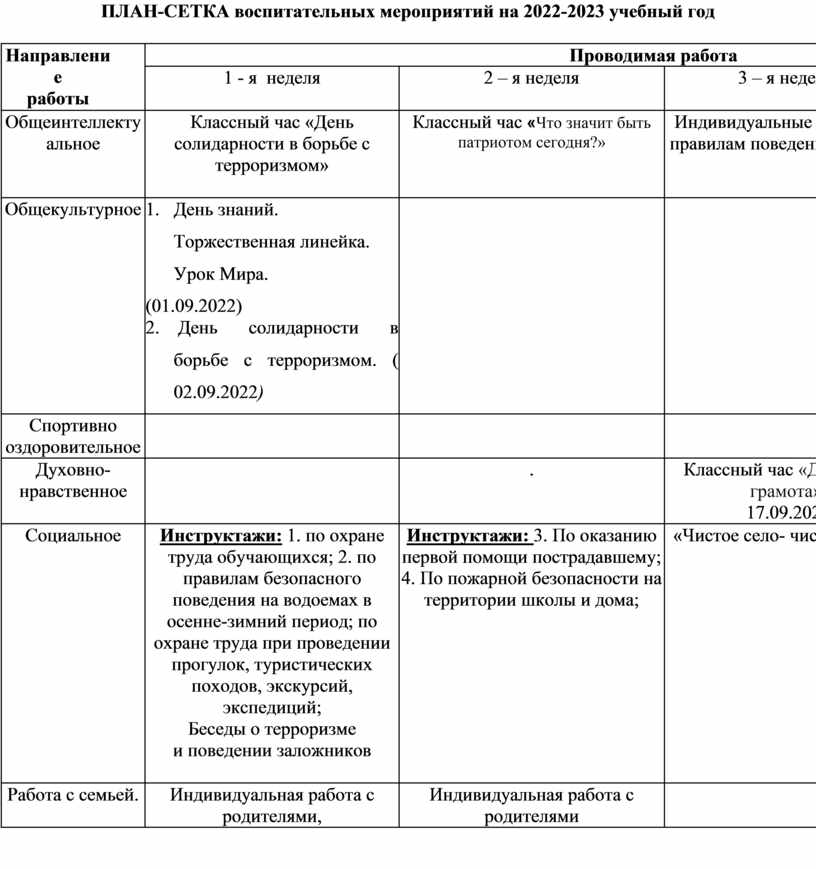 План сетка воспитательных мероприятий