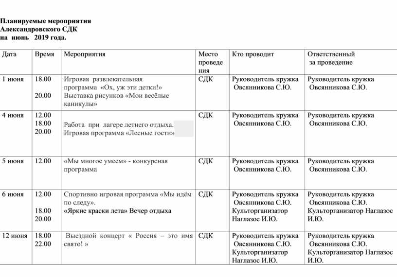 План мероприятий на июнь в доме культуры на 2023