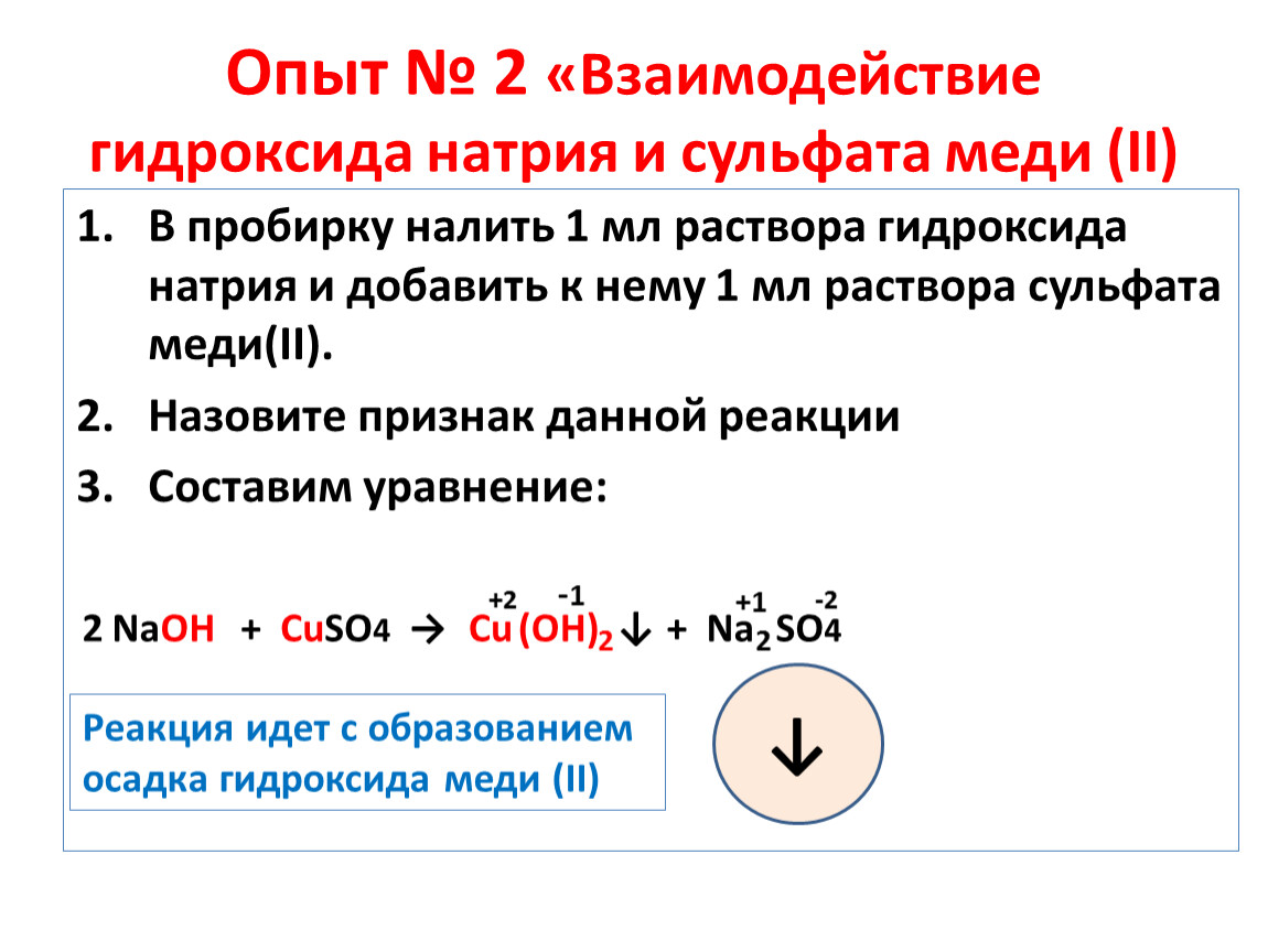 Раствор гидроксида натрия взаимодействует с каждым. Опыт взаимодействие сульфата меди с гидроксидом натрия. В пробирок налейте 1-2рамтвора сульфата меди. Налейте в пробирку 1 мл раствора медного купороса. Сульфат меди 2 и гидроксид натрия.