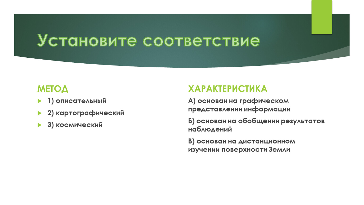 Установите соответствие методов. Метод соответствия. Описательный метод. Описательный метод в географии основан. Описательный метод характеристика.