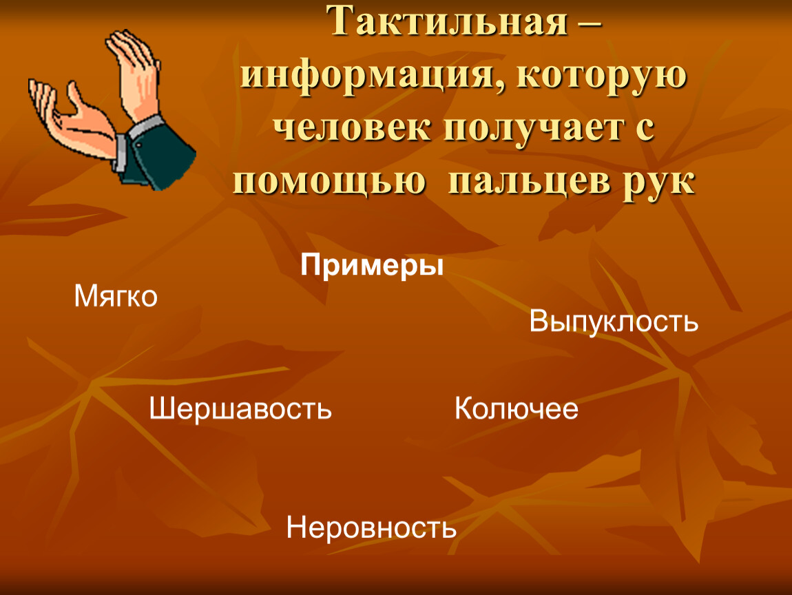 Что значит тактильный человек простыми. Тактильная информация примеры. Осязательная информация примеры. Примеры получения тактильной информации. Тактильную информацию человек получает.