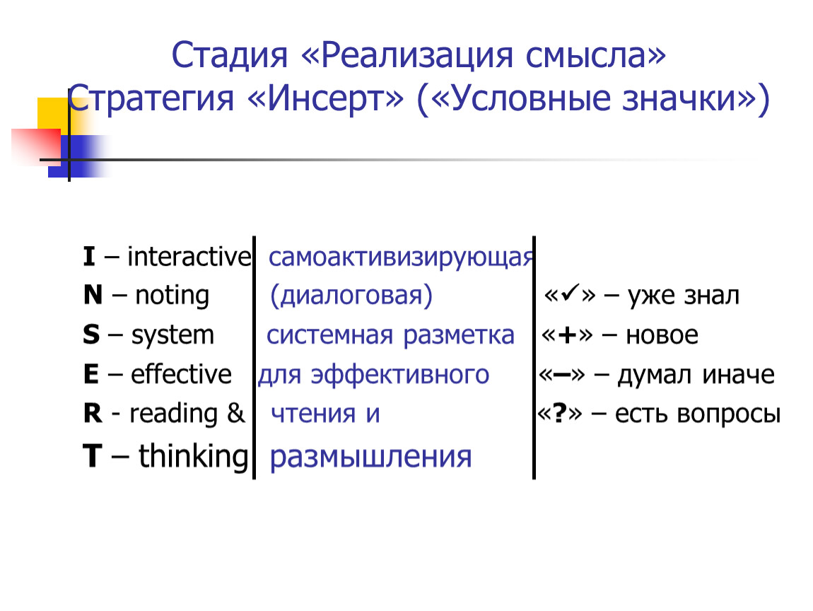 Реализация смысл. Стадия инсерт. Стратегия инсерт на уроках истории. Степень внедрения. Степень реализации.