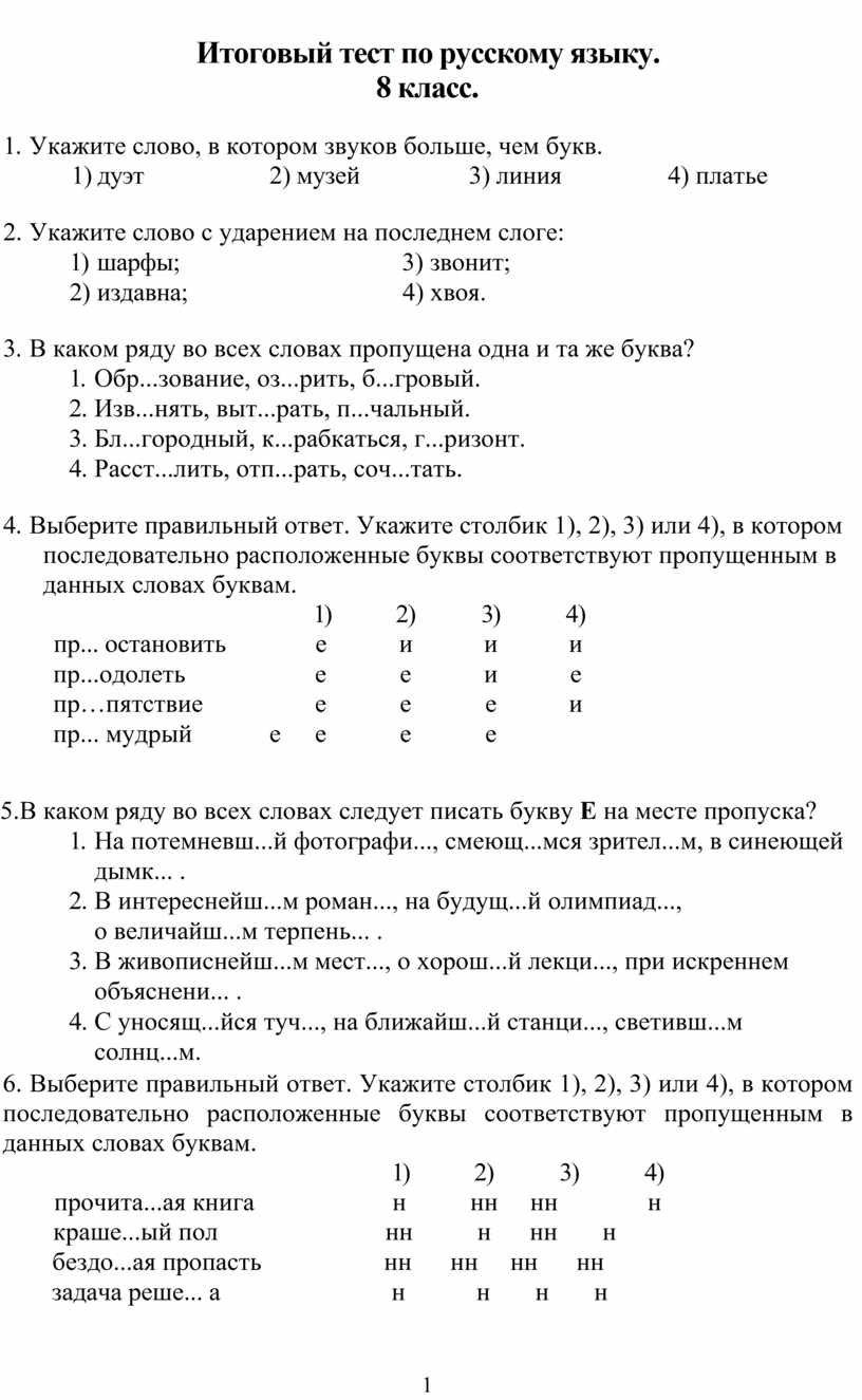 Итоговый тест по русскому 8 класс