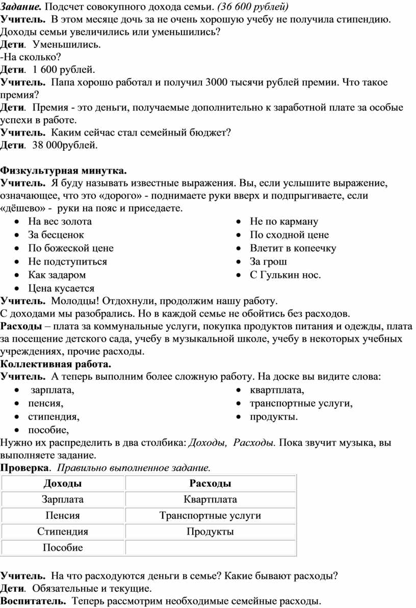 Конспект «У каждой семьи свой бюджет» Занятие по формированию основ  финансовой грамотности.