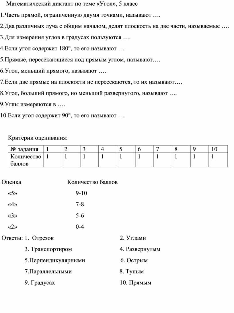 Математический диктант по теме 